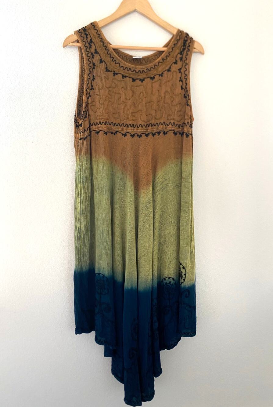 Vintage Shoreline Free Size Brown Green Blue Ombré Dress Boho Fairy Grunge